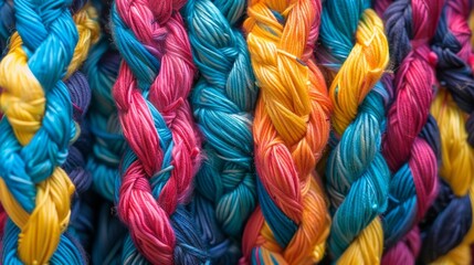 A bundle of thick twisted strands resembling a braided rope with each individual strand reflecting a different color