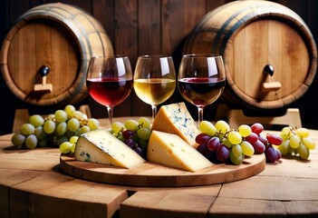 wine tasting days on wooden barrels, with cheese and grapes as an aperitif

