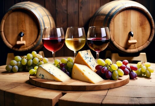 wine tasting days on wooden barrels, with cheese and grapes as an aperitif
