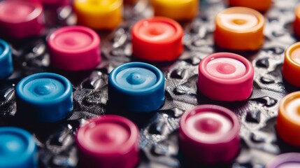 A closeup shot of a retroinspired embossed control panel featuring a colorful array of raised buttons and s in a symmetrical pattern