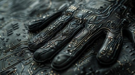 A macro shot of the back of a glove revealing a deep embossed design that resembles a futuristic circuit board