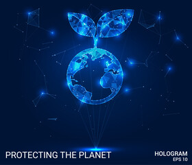 Hologram of a planet with a two-petal plant above it on a dark background. Modern digital illustration. Ideal for protecting the planet, environmental conservation, and sustainability concepts.