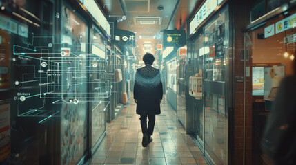 Fototapeta premium lone person walks down a narrow alleyway in Tokyo, Japan. The alleyway is lined with shops and storefronts, and walls are covered with digital overlays that create futuristic and surreal effect