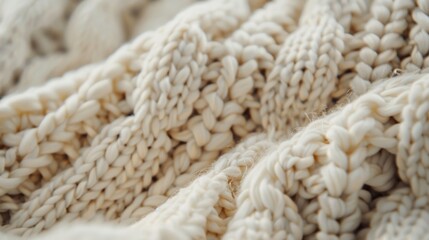 Closeup of a chunky knit stitch in a gentle cream color adding dimension and warmth to this luxurious sweater