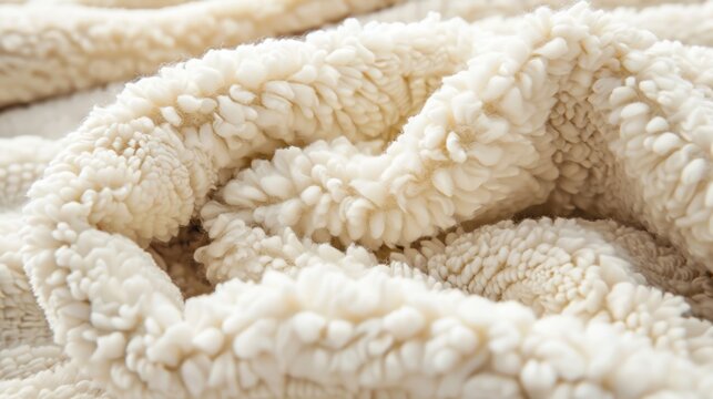Delicate and fluffy creamcolored Sherpa lining lining the interior of a comforting throw blanket