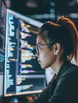 A woman with dark hair pulled back in a ponytail and wearing glasses sits at a desk in front of a computer screen. The screen displays lines of code. The room is dark, suggesting it is late at night