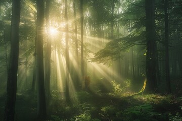 Obraz premium Sunbeams pierce through the morning fog in a dense, mystical forest