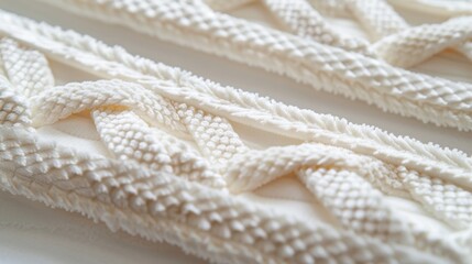A closeup of creamcolored velvet trim featuring a delicate lattice pattern woven into the fabric