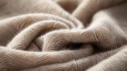 #1 A macro shot of a cashmere scarf reveals a luxurious softness and subtle sheen in its tightly woven threads. The light beige color adds a touch of warmth to the overall texture