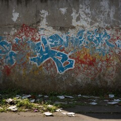 Fototapeta premium Weathered wall stands as canvas for vibrant graffiti, testament to urban artistry. Layers of paint in blue, red, yellow hues create visual symphony, their peeling edges revealing passage of time.