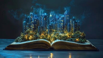 Night scene of a modern city skyline popping up from open book pages with smart working data wireless connections IoT automation system