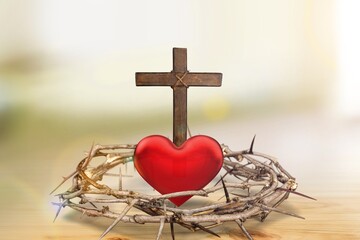 Heart of Jesus, and crown of thorns and wooden cross