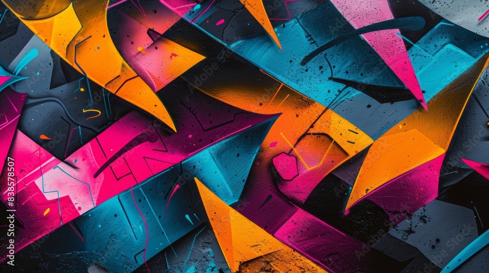 Wall mural a closer look at the graffiti reveals intricate details and patterns with layers of overlapping neon