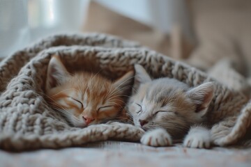 Obraz premium Photo of two cute kittens sleeping under a blanket, with a cozy home atmosphere, creating a concept of a warm and comfortable feeling of security.