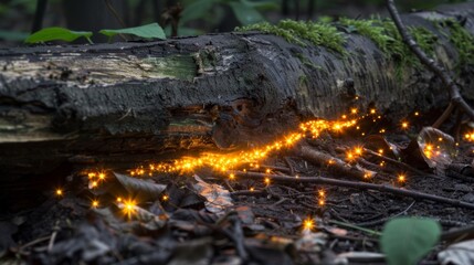Fototapeta premium Underneath the decaying log a pulsing mass of luminous mycelium illuminating the forest floor