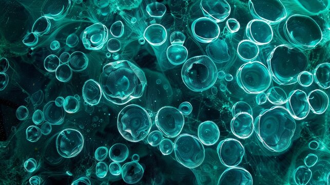 In this closeup shot of bioluminescent plankton the tiny organisms appear like shimmering gems in shades of turquoise creating a dreamy underwater landscape