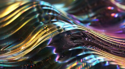 A closeup view of undulating wave patterns glowing with a radiant iridescence as if illuminated by a hidden light source