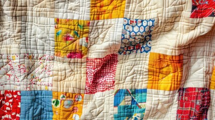 Colorful patchwork quilt with various patterns and vibrant squares