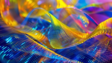 Sizzling lines of neon yellow and blue intersect and overlap creating a mesmerizing mazelike texture