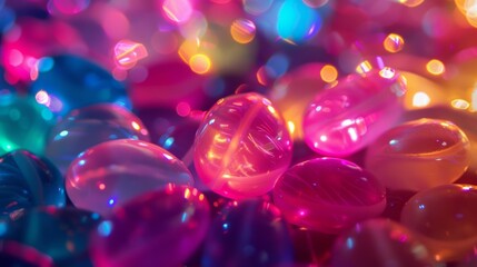 A pile of glossy luminescent jelly beans each one reflecting the light in a unique way creating a mesmerizing array of colors