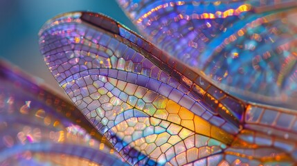 A textured macro photograph highlighting the iridescent patterns and colors of a pair of dragonfly wings