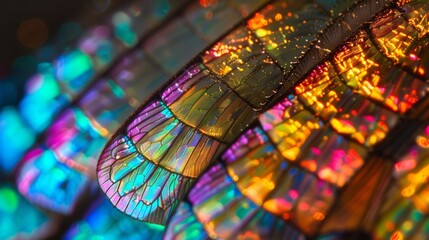 A closeup of a singular shimmering wing scale on a luminescent insect wing capturing the opalescent rainbow hues