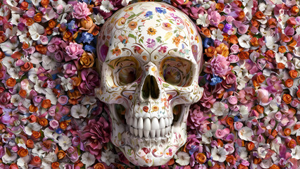 Skeleton's Haunting Embrace: A Spooky Night of Halloween with Blooming Flowers, The Enchanting Allure of Skulls and Blooms: A Halloween Night Filled with Skeletons and Flowers on pin
