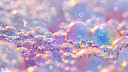 Tiny bubbles coated in iridescent soap create a shimmering film on the surface resembling a miniature galaxy