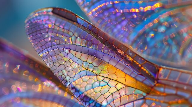 A textured macro photograph highlighting the iridescent patterns and colors of a pair of dragonfly wings