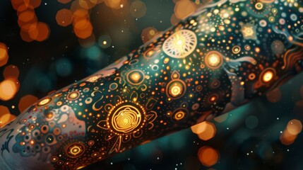 A blurred closeup of a full arm tattoo depicting a galaxy of glowing stars and intricate patterns