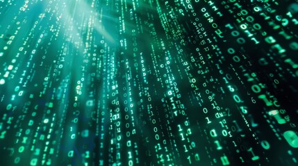 A cascading waterfall of glowing numbers and code as seen in a closeup of a computer screen during a programming task