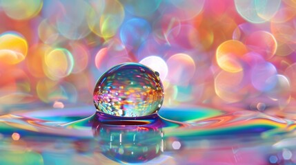 A closeup of a single luminous water droplet capturing the iridescent rainbow hues within