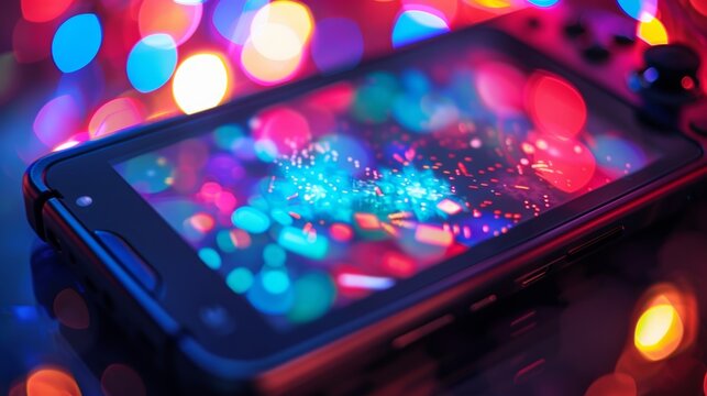A detailed closeup of a handheld gaming devices screen with luminous graphics and colors bursting out from the screen
