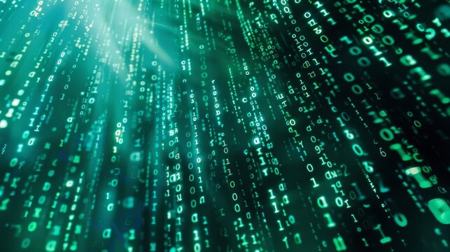 A cascading waterfall of glowing numbers and code as seen in a closeup of a computer screen during a programming task