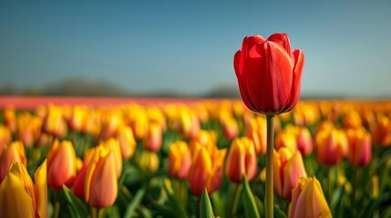 Single red tulip in bloom in a field with many yellow - orange tulips