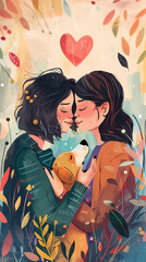 Fototapeta premium A cute illustration of a lesbian couple with a dog, flowers on the background, screensaver 16:9