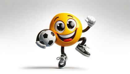 Cheerful emoticon with big eyes and a wide smile, dancing with a soccer ball in its hands and wearing sneakers on a white background.