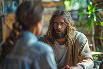 Jesus sitting in a modern counseling office, attentively listening and speaking to a person seeking guidance or comfort.. AI generated.