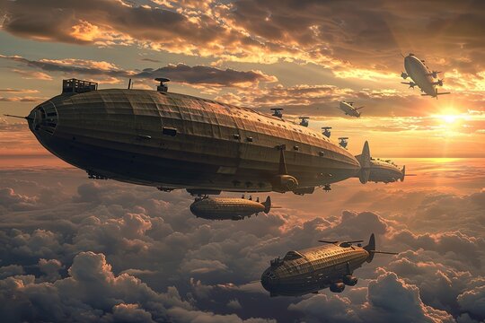 A large, armed zeppelin leads a formation of airships through a sunset sky