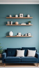 Blue sofa and shelf on blue wall. Scandinavian interior design of modern living room.