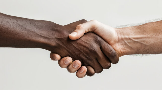 close-up Two hands shaking one hand is a white man's hand and the other hand is a black man isolated on a white background - Powered by Adobe