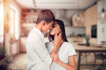 Face of happy couple kiss with love at home