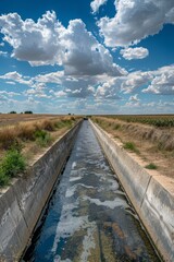 Fototapeta premium Reinforced concrete irrigation canal with dam in a rural scene on the plain, 