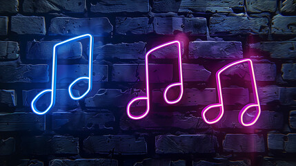a captivating arrangement of neon lights shaped like musical notes against a dark brick wall backdrop
