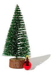 Christmas tree and shine red ornament ball with shadow. Winter holiday idea on transparent background.