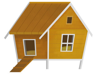 cartoon scene with farm element farm wooden house home chicken coop with birds rooster hens isolated background illustration for children © honeyflavour