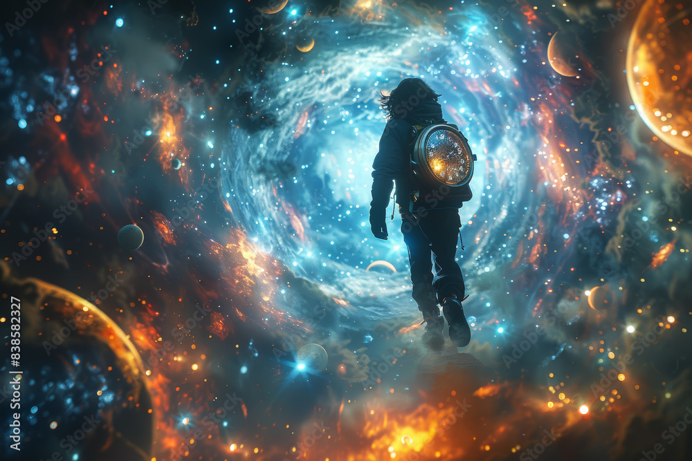 Wall mural a figure floating through space surrounded by planets that are pocket watches. concept of cosmic tim