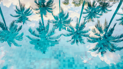 Obraz premium Tropical Reflections: Coconut and Sugar Palm Trees Mirrored in a Turquoise Pool
