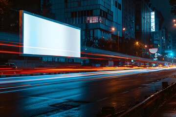 Blank white advertising display billboard in a city street at night with light streaks. Promotional poster mock up. Generative ai