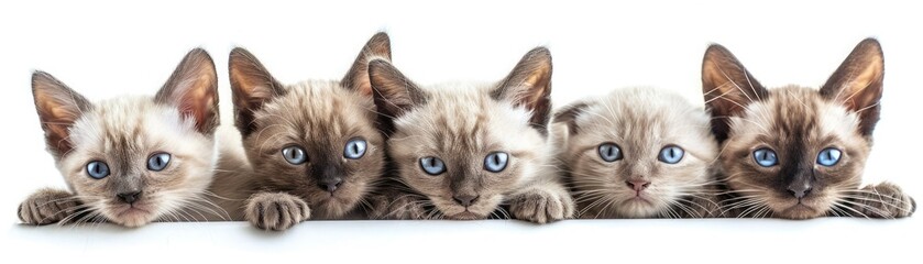 A row of adorable Siamese kittens with blue eyes peering over a white surface, looking curious and playful. Perfect for animal lovers.